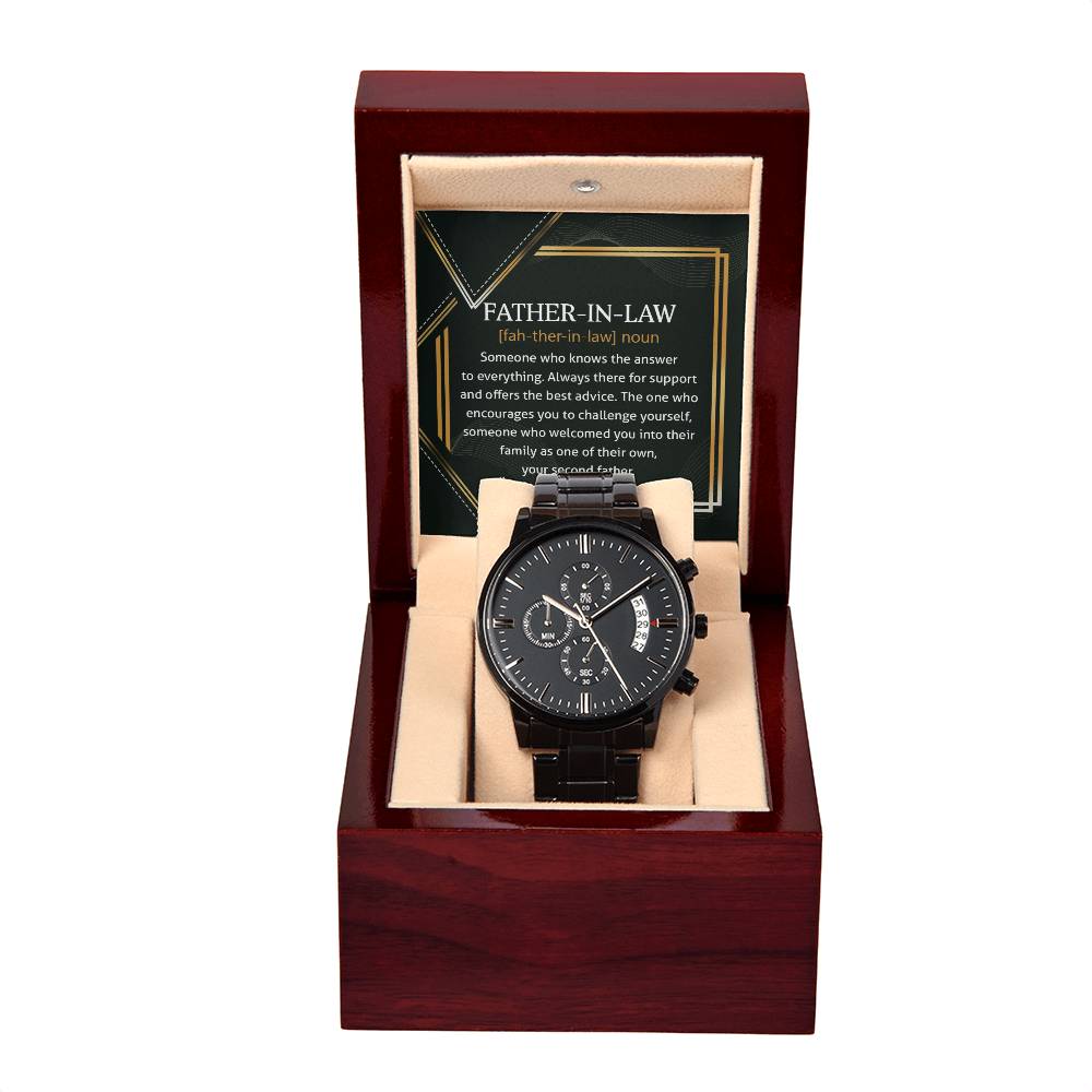 Father-in-Law-Challenge Yourself-Metal Chronograph Watch Black Chronograph Watch with Mahogany Style Luxury Box with Message card