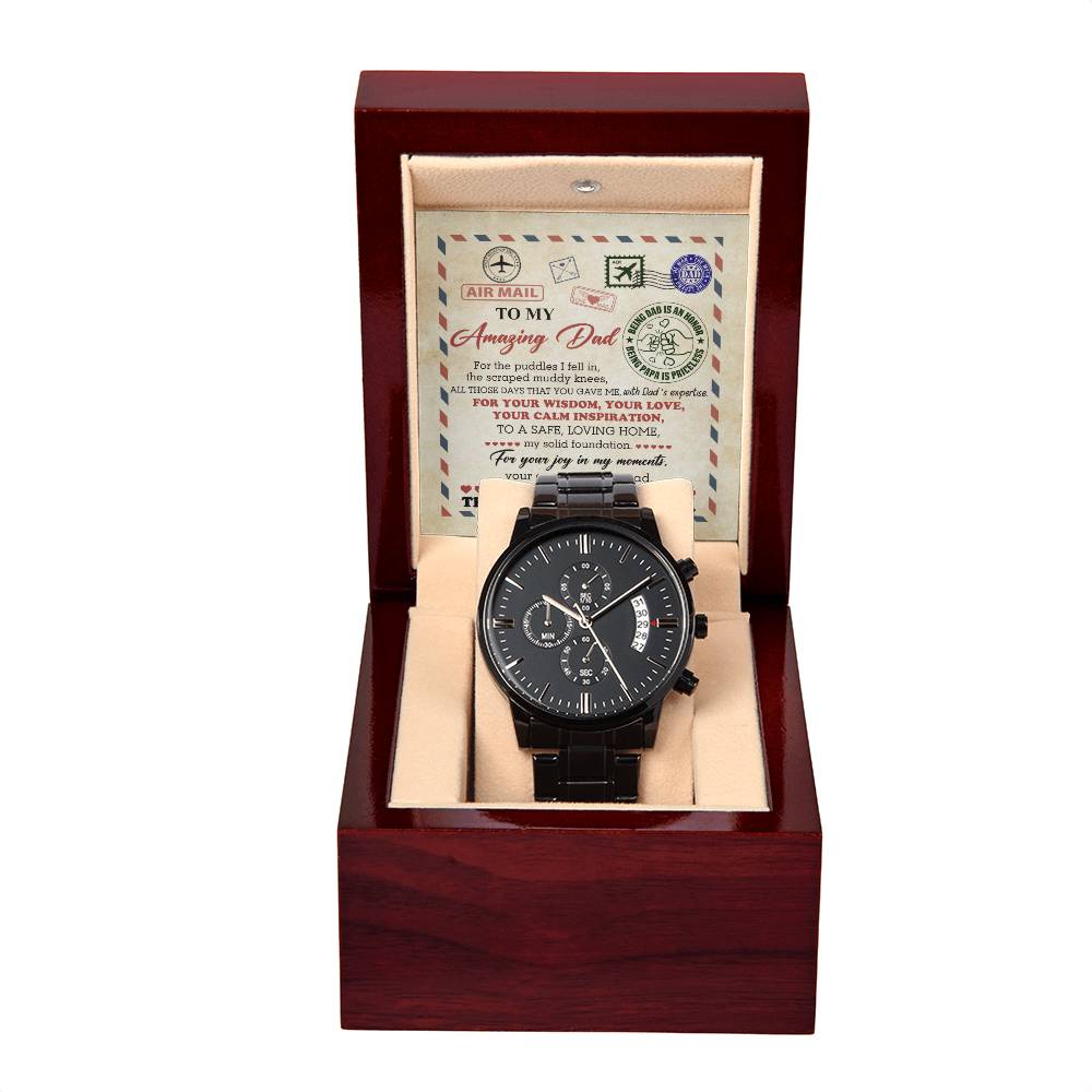 Dad-The Luckiest Child-Metal Chronograph Watch Black Chronograph Watch with Mahogany Style Luxury Box with Message card