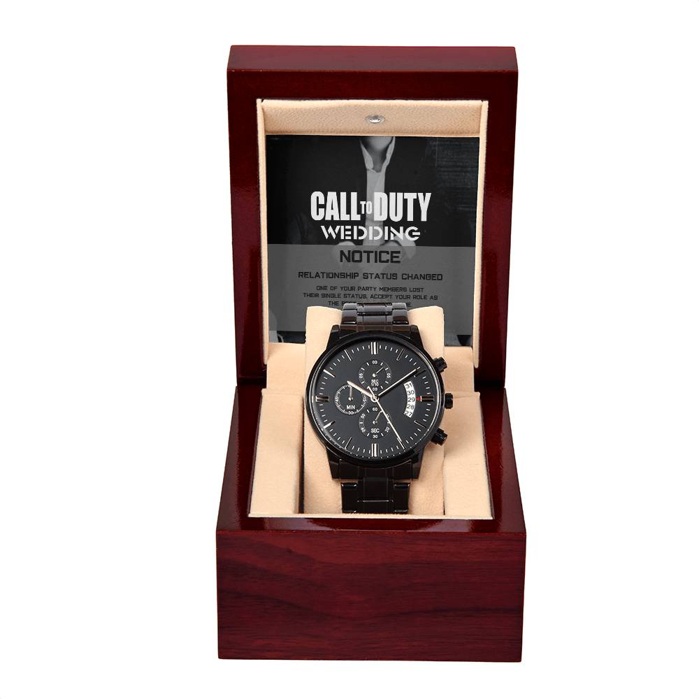 To My Best Man-Call to Duty Wedding Notice-Metal Chronograph Watch Black Chronograph Watch with Mahogany Style Luxury Box with Message card