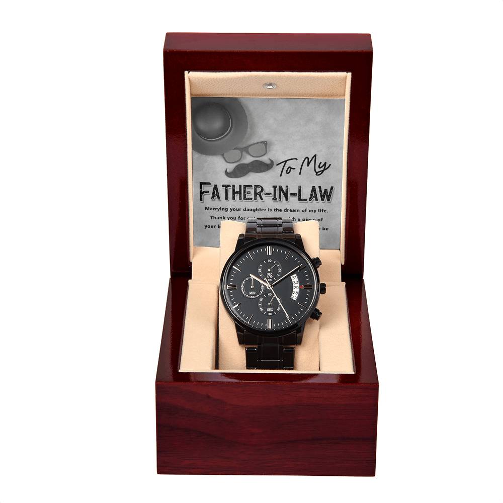 Father-in-Law-Honored To Be-Metal Chronograph Watch Black Chronograph Watch with Mahogany Style Luxury Box with Message card