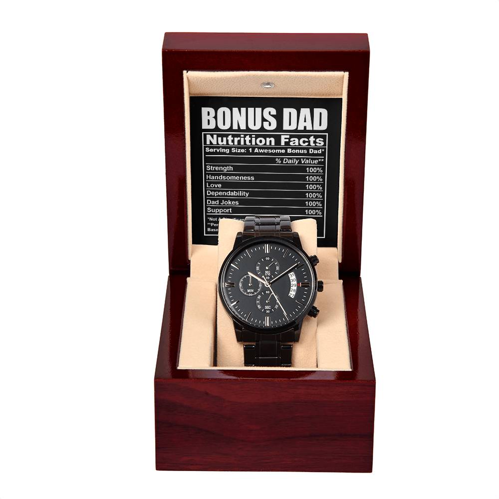 Bonus Dad-Nutrition Facts-Metal Chronograph Watch Black Chronograph Watch with Mahogany Style Luxury Box with Message card