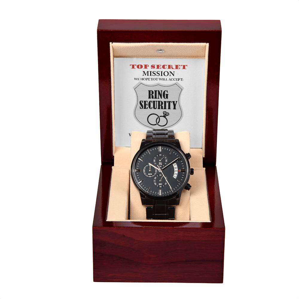 To The Ring Security-Top Secret Mission-Metal Chronograph Watch Black Chronograph Watch with Mahogany Style Luxury Box with Message card