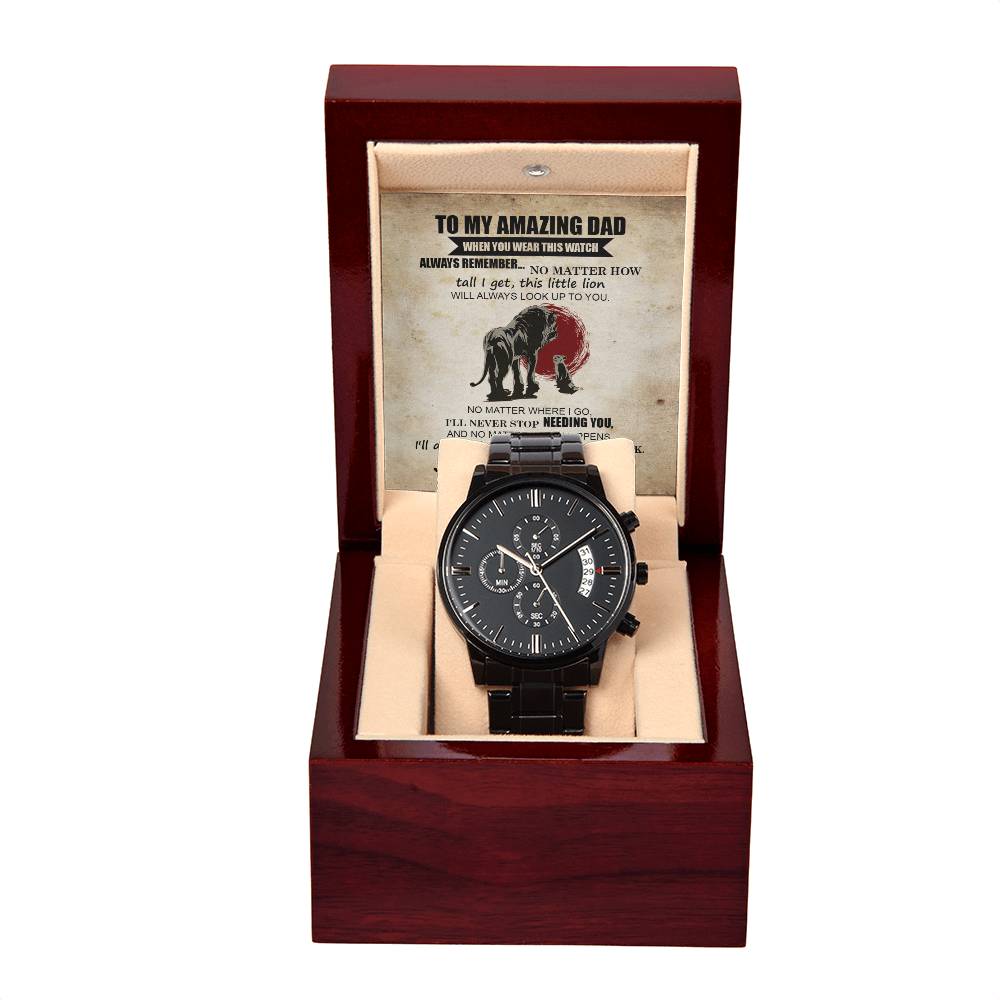 Dad-This Little Lion-Metal Chronograph Watch Black Chronograph Watch with Mahogany Style Luxury Box with Message card