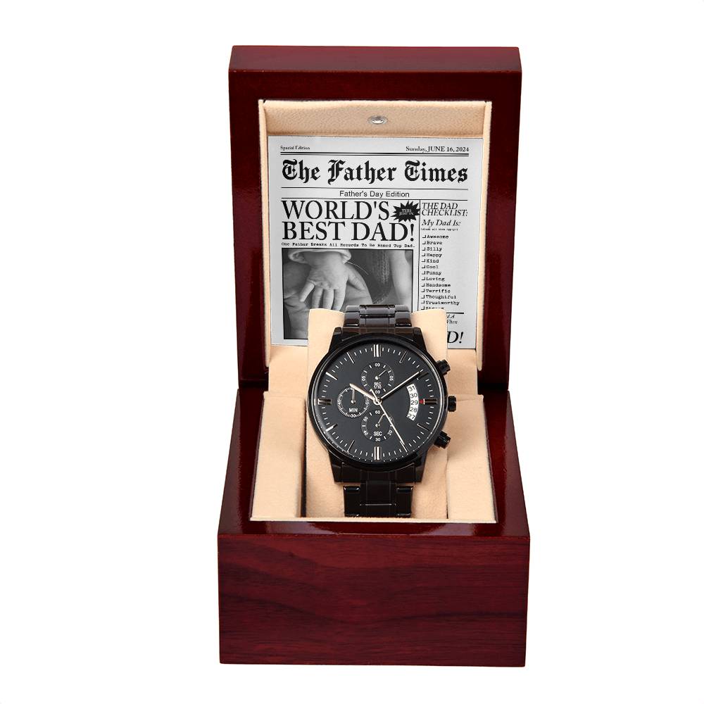 Dad-The Father Times-Metal Chronograph Watch Black Chronograph Watch with Mahogany Style Luxury Box with Message card