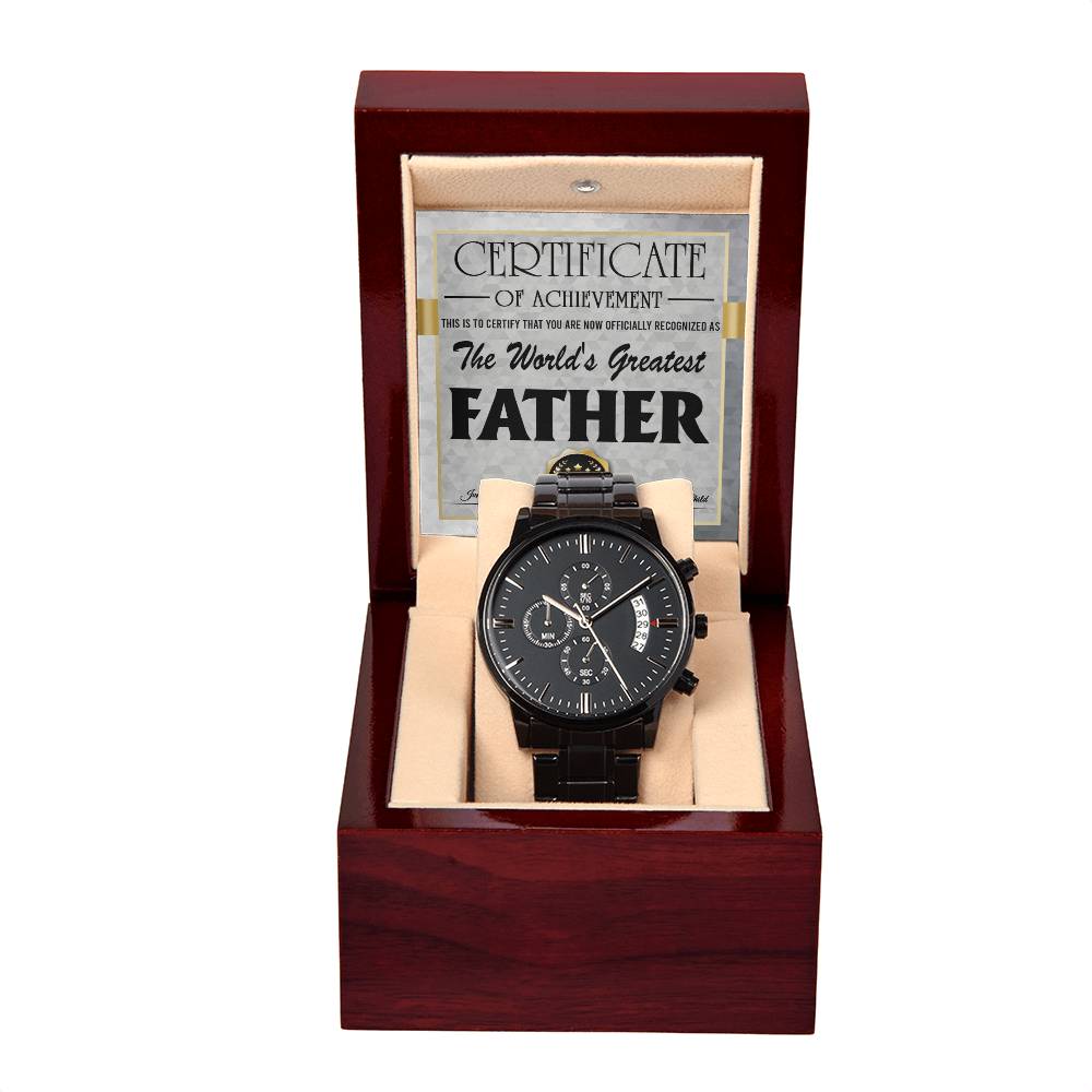 Dad-World_s Greatest Father-Metal Chronograph Watch Black Chronograph Watch with Mahogany Style Luxury Box with Message card