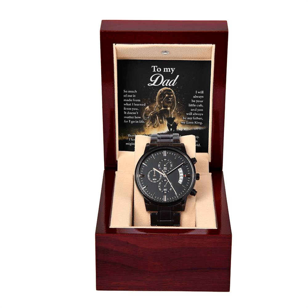 Dad-My Lion King-Metal Chronograph Watch Black Chronograph Watch with Mahogany Style Luxury Box with Message card