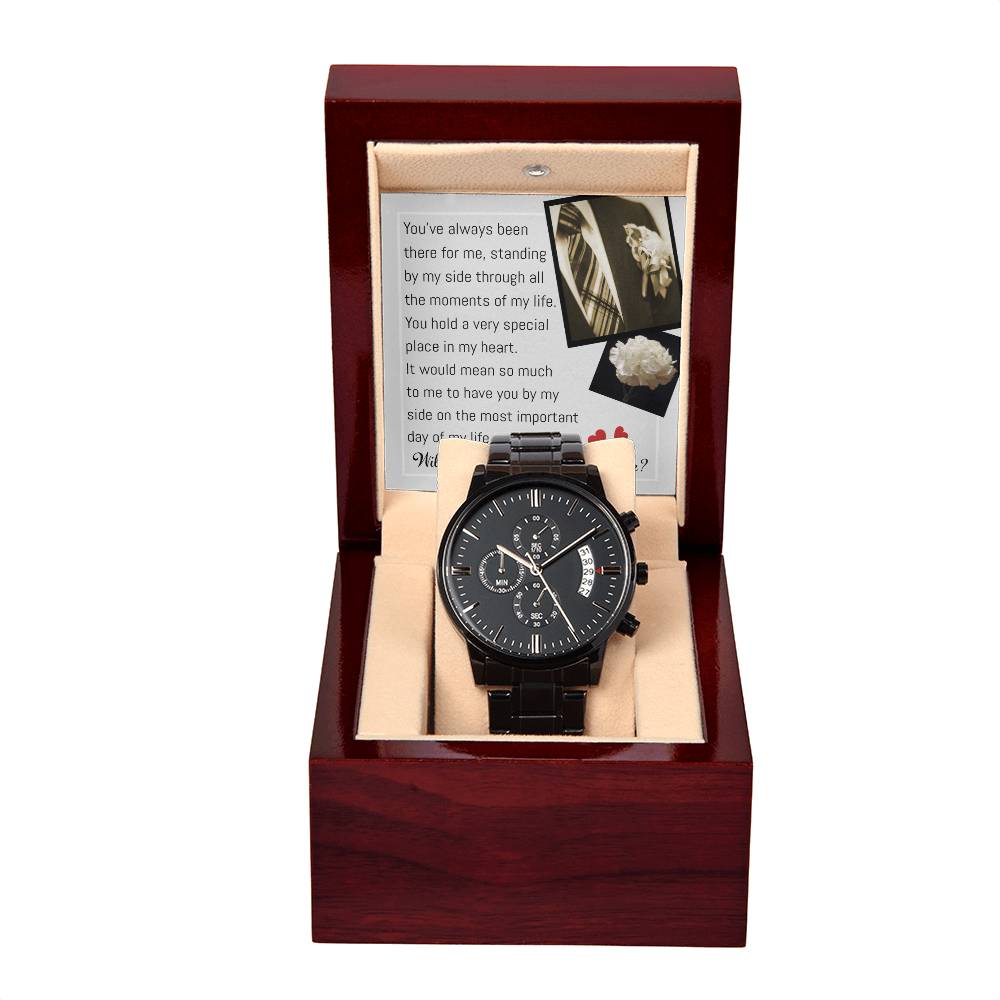 Wedding-Down The Aisle-Metal Chronograph Watch Black Chronograph Watch with Mahogany Style Luxury Box with Message card