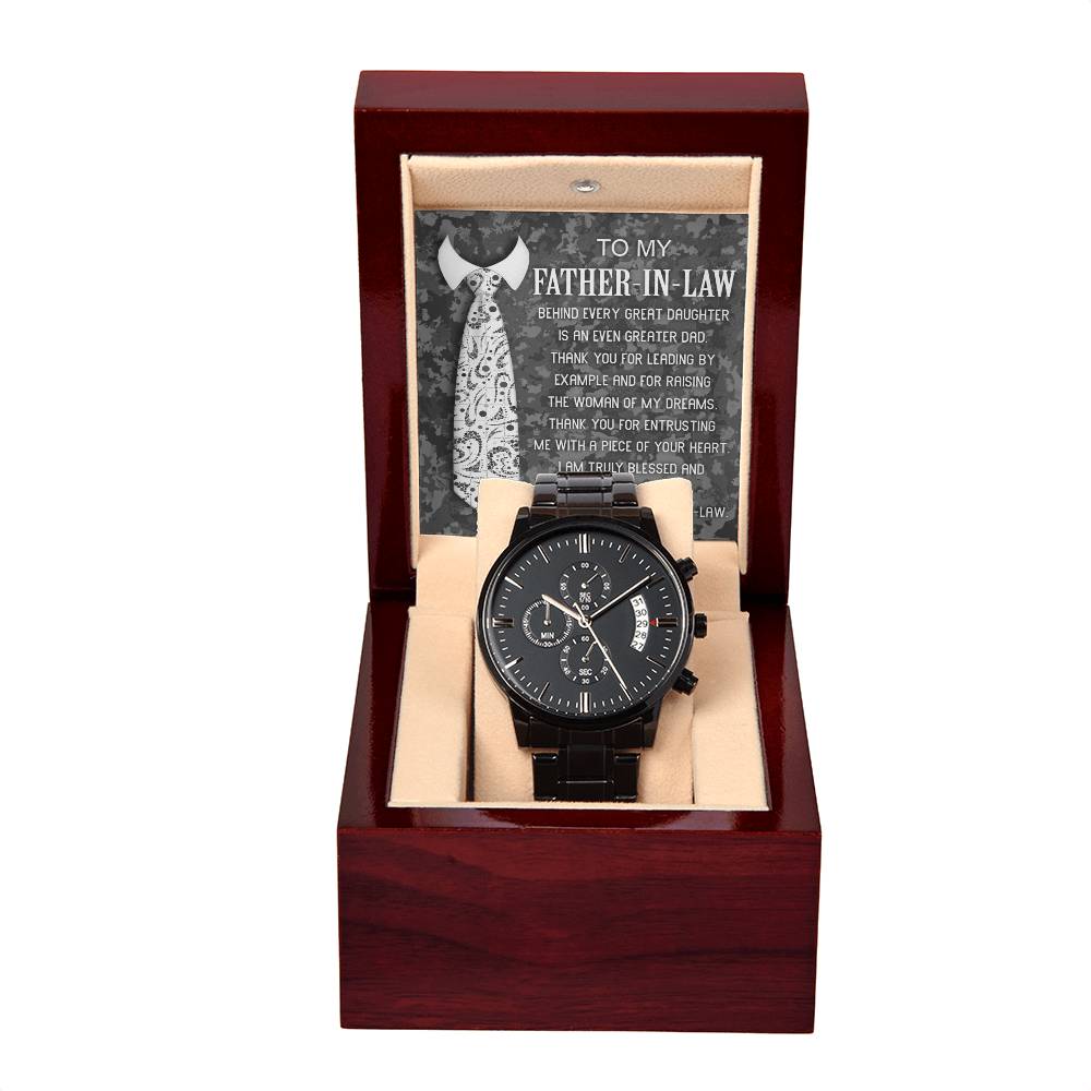 Father-In-Law-Truly Blessed-Metal Chronograph Watch Black Chronograph Watch with Mahogany Style Luxury Box with Message card