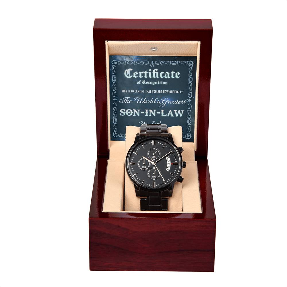 Certificate Of Achievement To The Worlds Greatest Son-In-Law - Metal Black Chronograph Watch with Mahogany Style Luxury Box with Message card