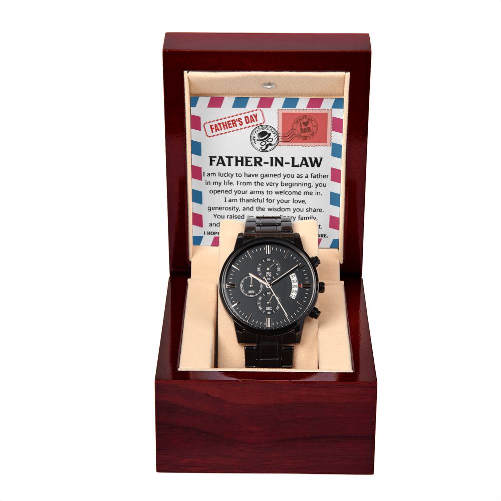 Father-in-law-As A Father-Metal Chronograph Watch Black Chronograph Watch with Mahogany Style Luxury Box with Message card