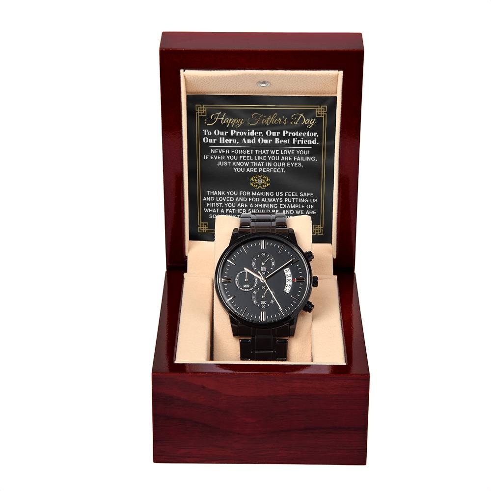 Dad-Our Protector-Metal Chronograph Watch Black Chronograph Watch with Mahogany Style Luxury Box with Message card