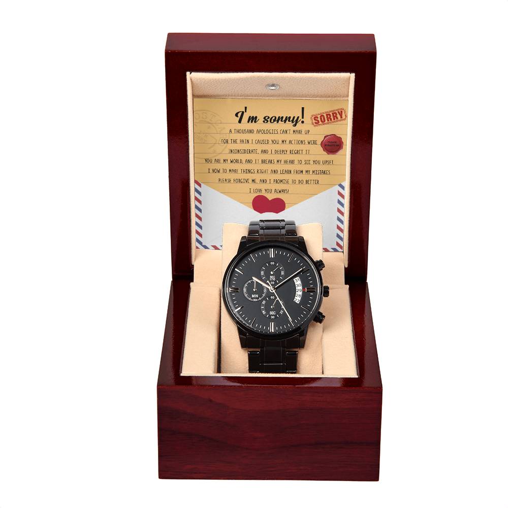 Sorry-Breaks My Heart-Metal Chronograph Watch Black Chronograph Watch with Mahogany Style Luxury Box with Message card