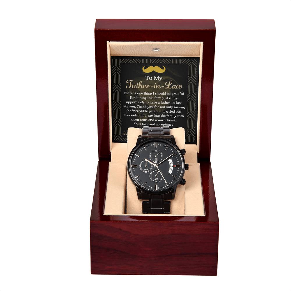 Father-in-Law-Truly Blessed 2-Metal Chronograph Watch Black Chronograph Watch with Mahogany Style Luxury Box with Message card