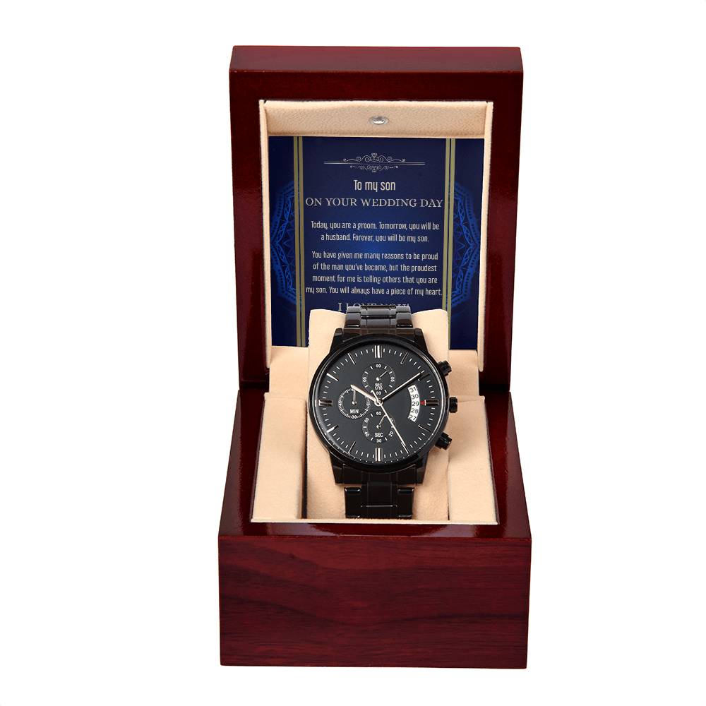 Son Wedding-Be My Son-Metal Chronograph Watch Black Chronograph Watch with Mahogany Style Luxury Box with Message card