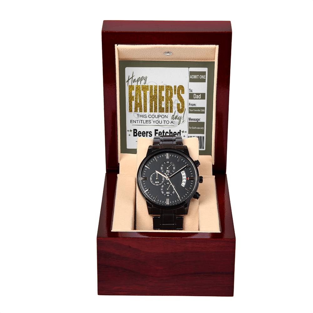 Dad-Beers Fetched-Metal Chronograph Watch Black Chronograph Watch with Mahogany Style Luxury Box with Message card