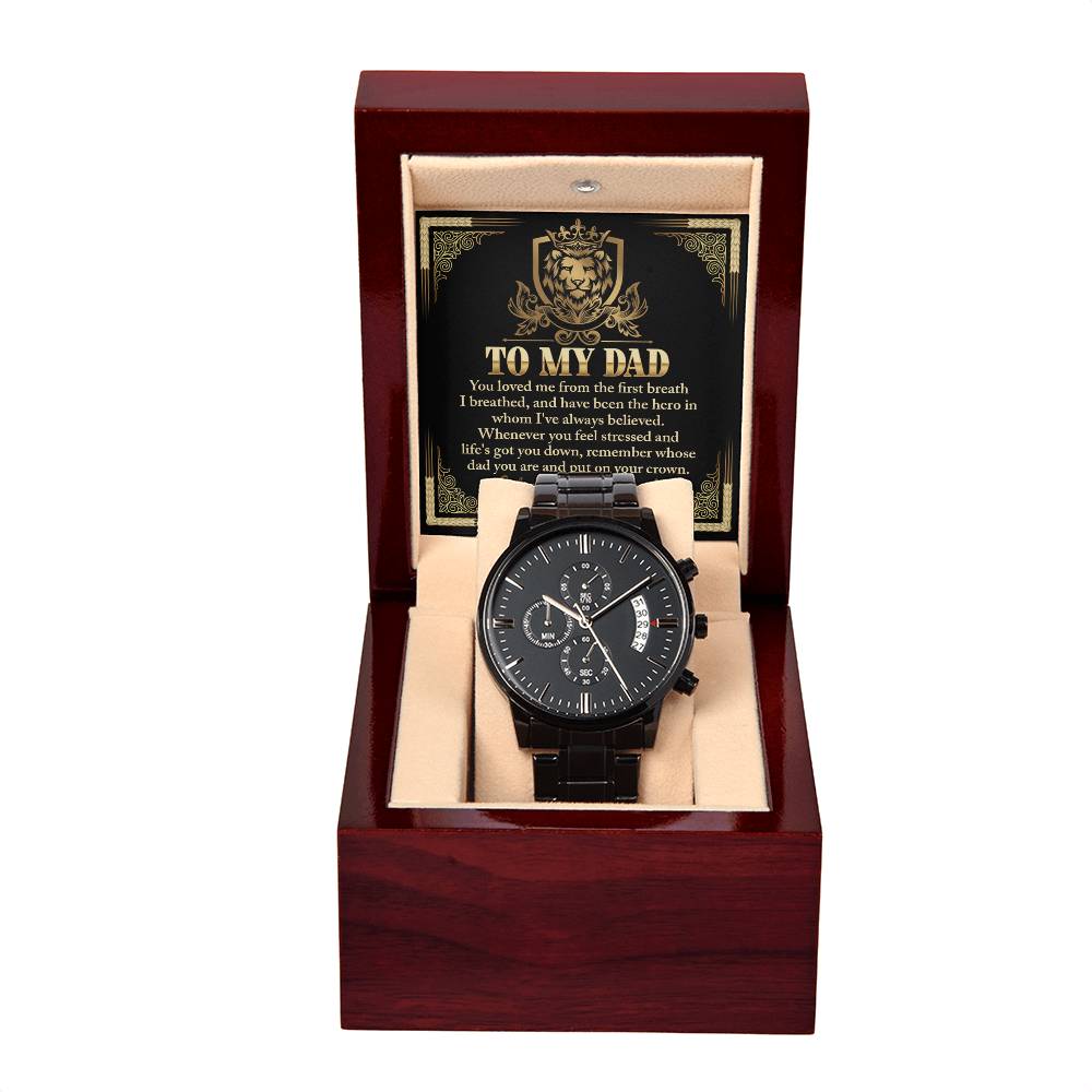 Dad-On Your Crown-Metal Chronograph Watch Black Chronograph Watch with Mahogany Style Luxury Box with Message card