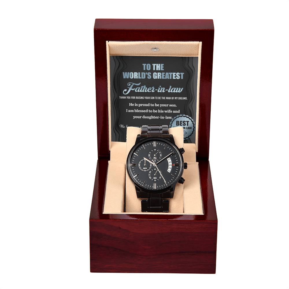 Father-in-Law-Proud To Be-Metal Chronograph Watch Black Chronograph Watch with Mahogany Style Luxury Box with Message card