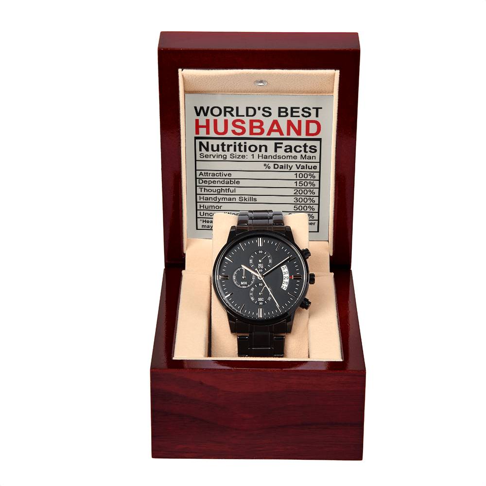 Husband-Nutrition Facts-Metal Chronograph Watch Black Chronograph Watch with Mahogany Style Luxury Box with Message card