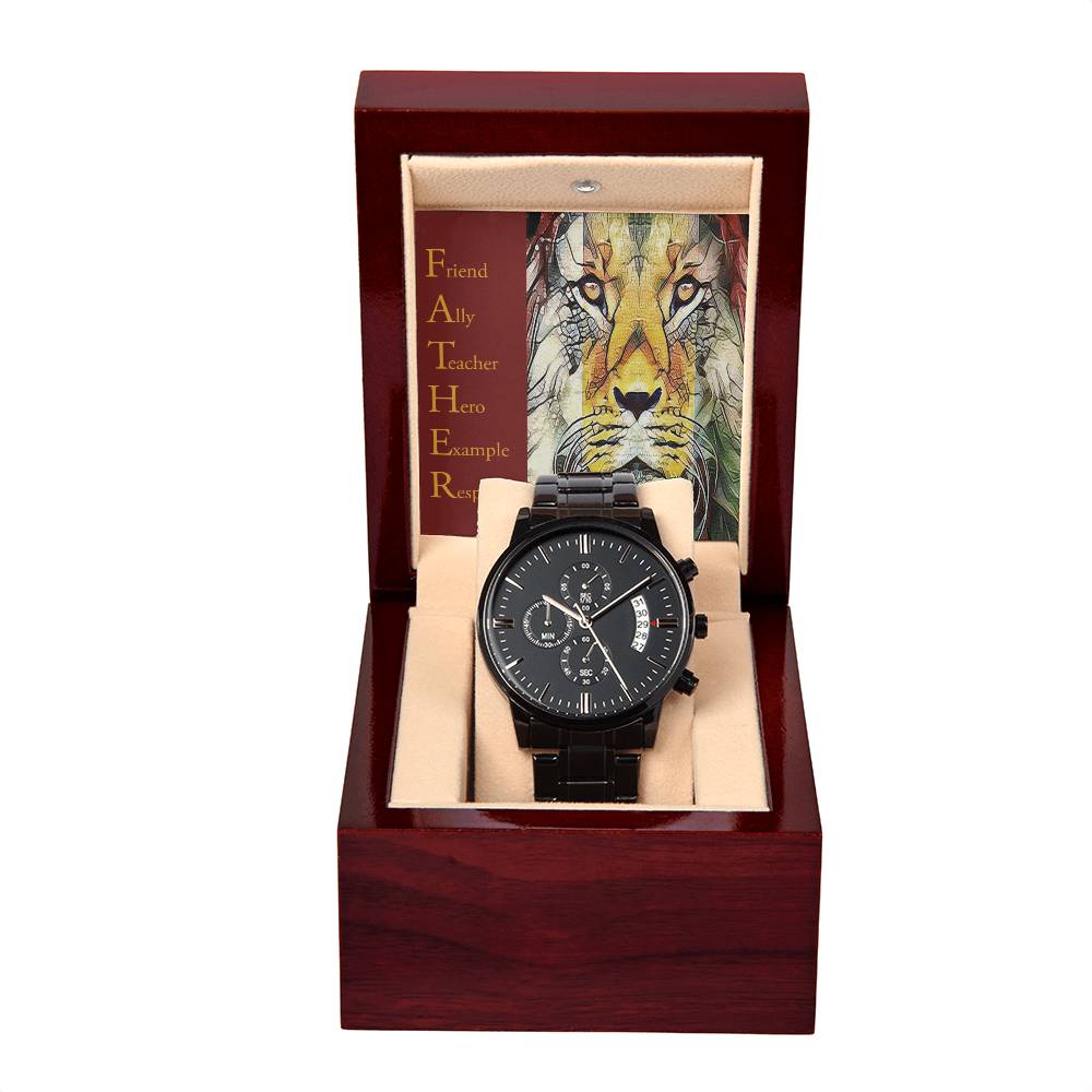 Dad-Respected-Metal Chronograph Watch Black Chronograph Watch with Mahogany Style Luxury Box with Message card