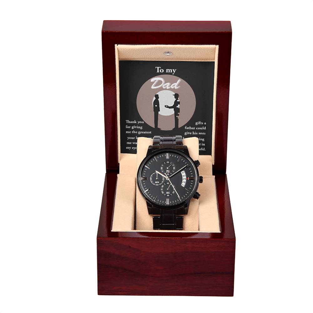 Dad-The Greatest Gifts-Metal Chronograph Watch Black Chronograph Watch with Mahogany Style Luxury Box with Message card