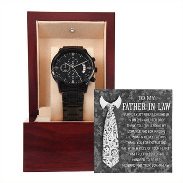 Father-In-Law-Truly Blessed-Metal Chronograph Watch Black Chronograph Watch with Mahogany Style Luxury Box with Message card