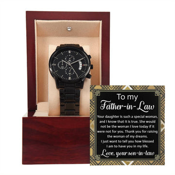 Father-In-Law-For You-Metal Chronograph Watch Black Chronograph Watch with Mahogany Style Luxury Box with Message card