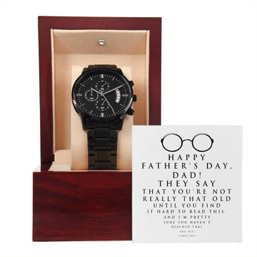 Dad-Hard To Read-Metal Chronograph Watch Black Chronograph Watch with Mahogany Style Luxury Box with Message card