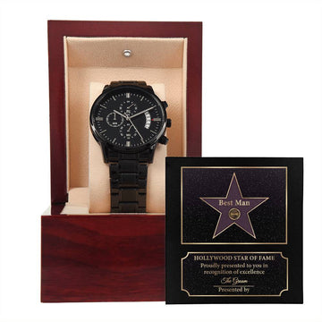 To My Best Man - Star Of Fame recognition of excellence - Metal Black Chronograph Watch with Mahogany Style Luxury Box with Message card