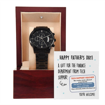 Dad-Tech Support Voucher-Metal Chronograph Watch Black Chronograph Watch with Mahogany Style Luxury Box with Message card