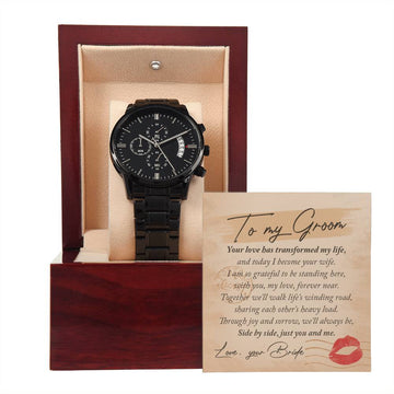 To My Groom-You And Me-Metal Chronograph Watch Black Chronograph Watch with Mahogany Style Luxury Box with Message card