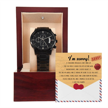 Sorry-Breaks My Heart-Metal Chronograph Watch Black Chronograph Watch with Mahogany Style Luxury Box with Message card