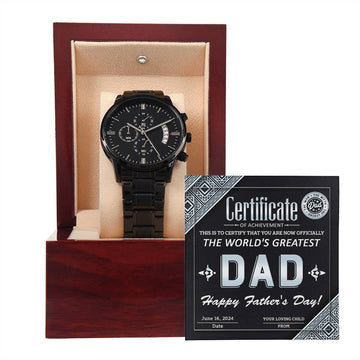 Dad-Certificate Of Achievement- The World's Greatest Dad - Metal Chronograph Watch Black Chronograph Watch with Mahogany Style Luxury Box with Message card