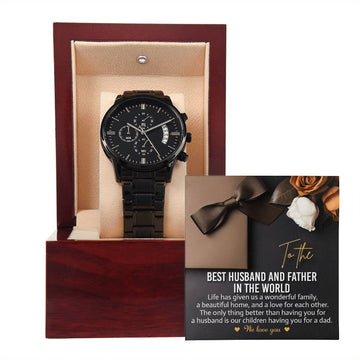 Husband-For Each Other-Metal Chronograph Watch Black Chronograph Watch with Mahogany Style Luxury Box with Message card