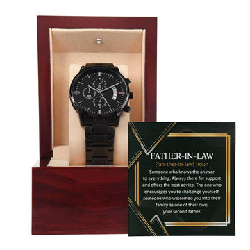 Father-in-Law-Challenge Yourself-Metal Chronograph Watch Black Chronograph Watch with Mahogany Style Luxury Box with Message card