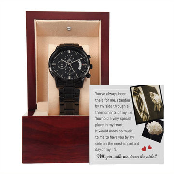 Wedding-Down The Aisle-Metal Chronograph Watch Black Chronograph Watch with Mahogany Style Luxury Box with Message card