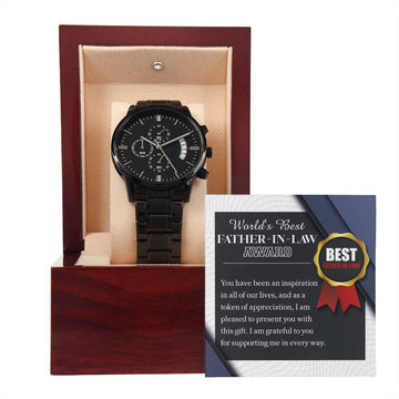 Father-in-Law-The World Award-Metal Chronograph Watch Black Chronograph Watch with Mahogany Style Luxury Box with Message card