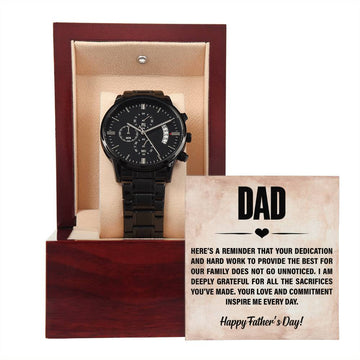 Watch-Happy Father’s Day! Black Chronograph Watch with Mahogany Style Luxury Box with Message card