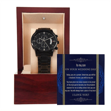 Son Wedding-Be My Son-Metal Chronograph Watch Black Chronograph Watch with Mahogany Style Luxury Box with Message card