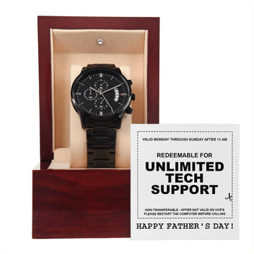 Dad-Tech Support-Metal Chronograph Watch Black Chronograph Watch with Mahogany Style Luxury Box with Message card