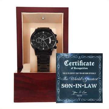 Certificate Of Achievement To The Worlds Greatest Son-In-Law - Metal Black Chronograph Watch with Mahogany Style Luxury Box with Message card