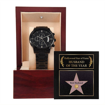 To My Best Husband - Star of Fame for Husband of the Year - Metal Black Chronograph Watch with Mahogany Style Luxury Box with Message card