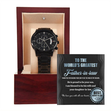 Father-in-Law-Proud To Be-Metal Chronograph Watch Black Chronograph Watch with Mahogany Style Luxury Box with Message card