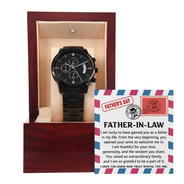 Father-in-law-As A Father-Metal Chronograph Watch Black Chronograph Watch with Mahogany Style Luxury Box with Message card