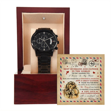 Husband-Great Father-Metal Chronograph Watch Black Chronograph Watch with Mahogany Style Luxury Box with Message card