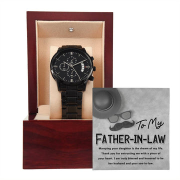 Father-in-Law-Honored To Be-Metal Chronograph Watch Black Chronograph Watch with Mahogany Style Luxury Box with Message card