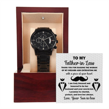 Father-in-Law-Thank You For-Metal Chronograph Watch Black Chronograph Watch with Mahogany Style Luxury Box with Message card