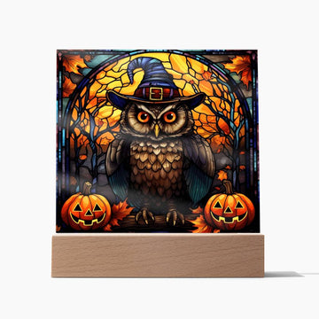 3D Lifelike Vibrant Halloween Painting of an Owl Wearing a Witch Hat with Lighted Pumpkins and Stained Glass Window on Acrylic Deco with LED Lights