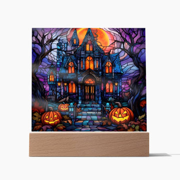 3D Lifelike Vibrant Halloween Painting of a Haunted Mansion with Eerie Welcoming Trees and Lighted Pumpkins on Acrylic Deco with LED Lights