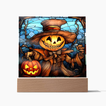 3D Lifelike Vibrant Halloween Painting of a Grinning Pumpkin Man Carrying a Lighted Pumpkin Lamp on Acrylic Deco with LED Lights