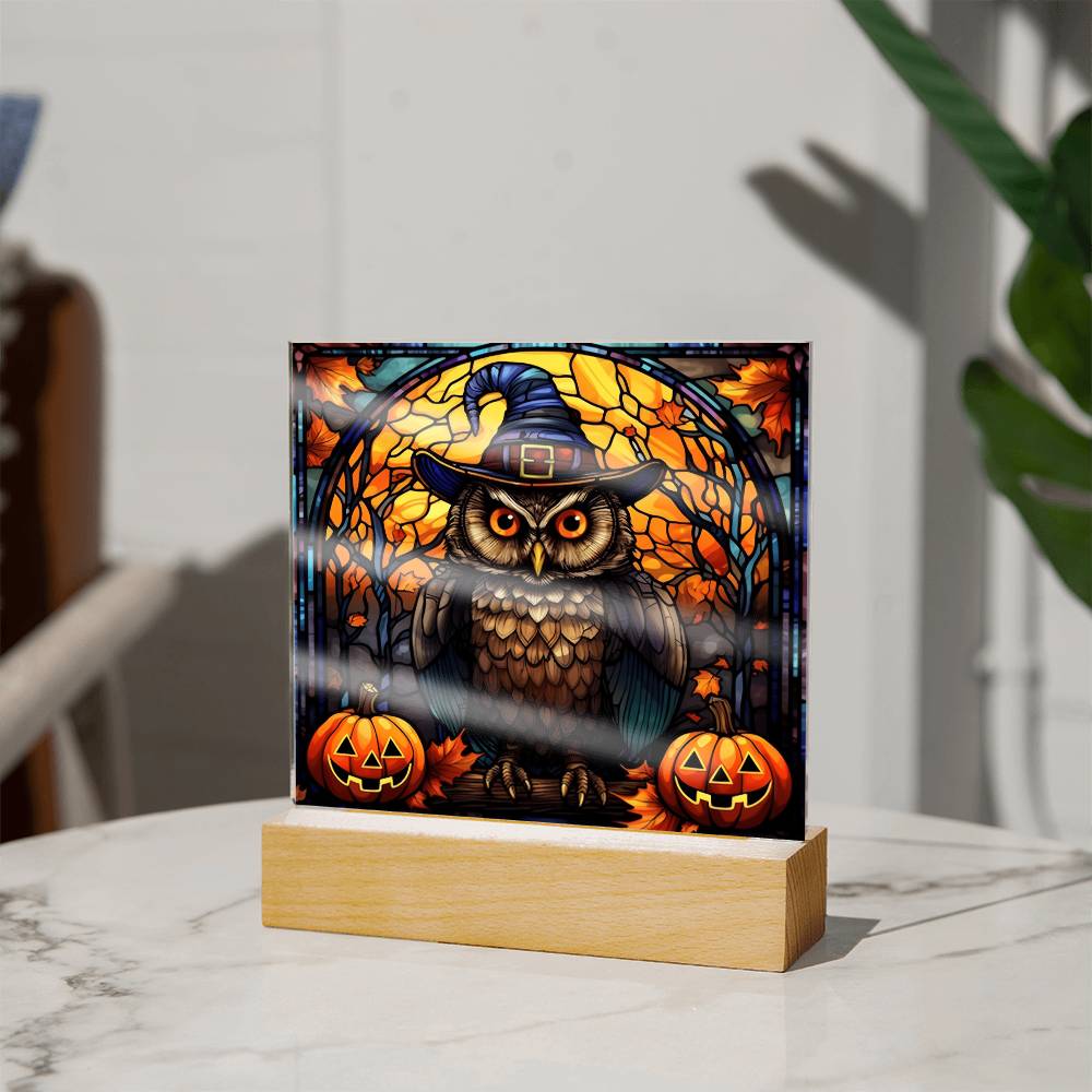 3D Lifelike Vibrant Halloween Painting of an Owl Wearing a Witch Hat with Lighted Pumpkins and Stained Glass Window on Acrylic Deco with LED Lights